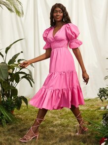 SHEINNeu Flounce Sleeve Shirred Dress - Pink - View 4