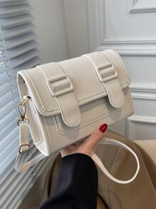 Mini Buckle Decor Flap Square Bag - Beige - View 2