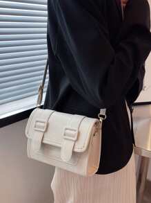 Mini Buckle Decor Flap Square Bag - Beige - View 4