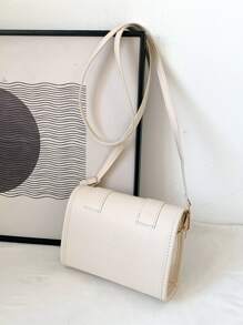 Mini Buckle Decor Flap Square Bag - Beige - View 5