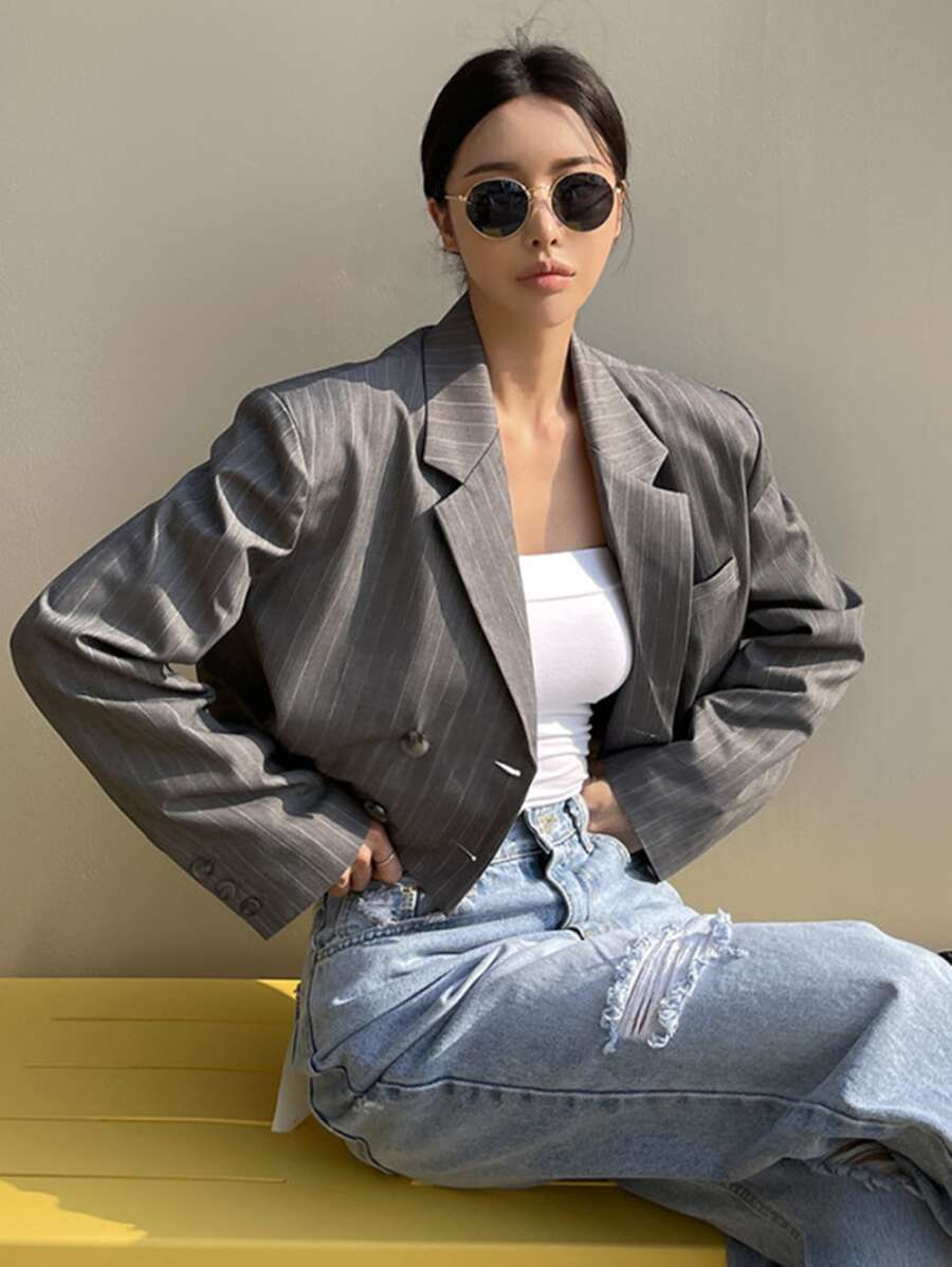 DAZY Striped Lapel Neck Blazer Business Attire - Dark Grey - View 1