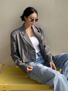 DAZY Striped Lapel Neck Blazer Business Attire - Dark Grey - View 2