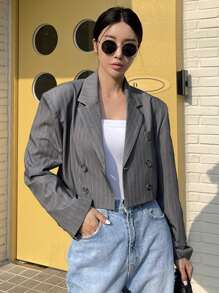 DAZY Striped Lapel Neck Blazer Business Attire - Dark Grey - View 3