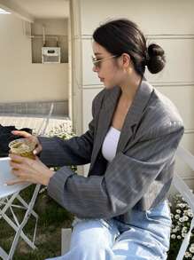 DAZY Striped Lapel Neck Blazer Business Attire - Dark Grey - View 4