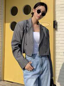 DAZY Striped Lapel Neck Blazer Business Attire - Dark Grey - View 5