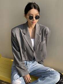 DAZY Striped Lapel Neck Blazer Business Attire - Dark Grey - View 6