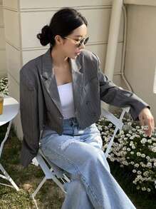 DAZY Striped Lapel Neck Blazer Business Attire - Dark Grey - View 7