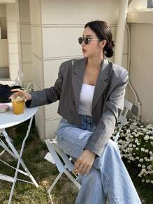 DAZY Striped Lapel Neck Blazer Business Attire - Dark Grey - View 8