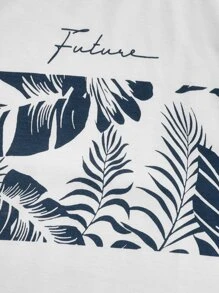 Manfinity BRENVOR 男士针织休闲日常海滩/冲浪度假树叶印花修身圆领短袖 T 恤，夏季 - 白色 - 查看 4