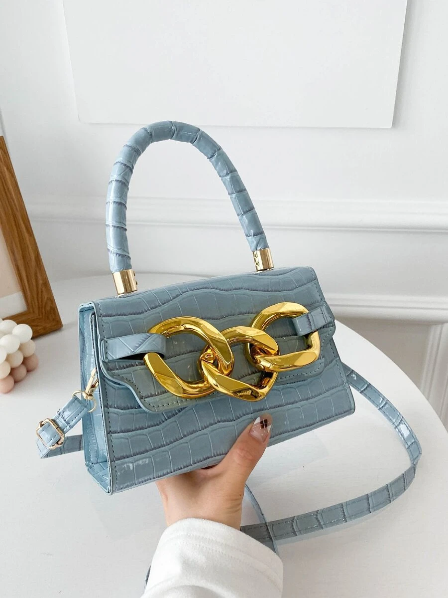 Chain Decor Crocodile Embossed Square Bag - Blue - View 1