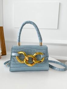 Chain Decor Crocodile Embossed Square Bag - Blue - View 4