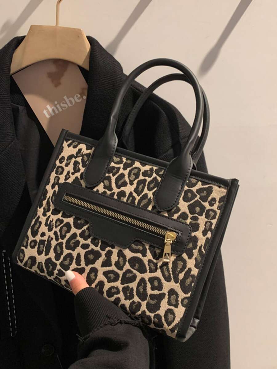 Leopard Zipper Front Tote Bag, Leopard Print Bag, Fall Winter Fashionable Cheetah Print Purse For Women, New Fall Winter Tiger Print Bag For Women , Leopard Cheetah Print - Black - View 1
