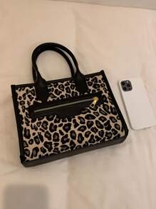 Leopard Zipper Front Tote Bag, Leopard Print Bag, Fall Winter Fashionable Cheetah Print Purse For Women, New Fall Winter Tiger Print Bag For Women , Leopard Cheetah Print - Black - View 5