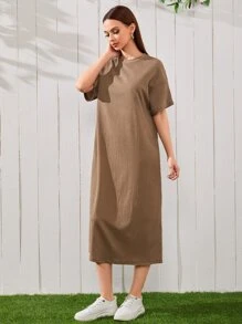 Mulvari Vestido sólido de hombros caídos - Marrón Mocha - Ver 3