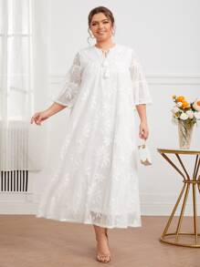 Mulvari Plus Fringe Tie Neck Lace Overlay Dress - White - View 1