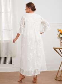 Mulvari Plus Fringe Tie Neck Lace Overlay Dress - White - View 2
