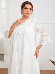 Mulvari Plus Fringe Tie Neck Lace Overlay Dress - White - View 4