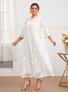 Mulvari Plus Fringe Tie Neck Lace Overlay Dress - White - View 5