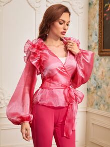 Mulvari 荷葉邊肩燈籠袖閃亮上衣不帶貼身吊帶背心 - 玫紅色 - 查看 4