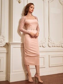 Modelyn Contrast Lace Split Back Bodycon Dress Without Belt - Baby Pink - View 4