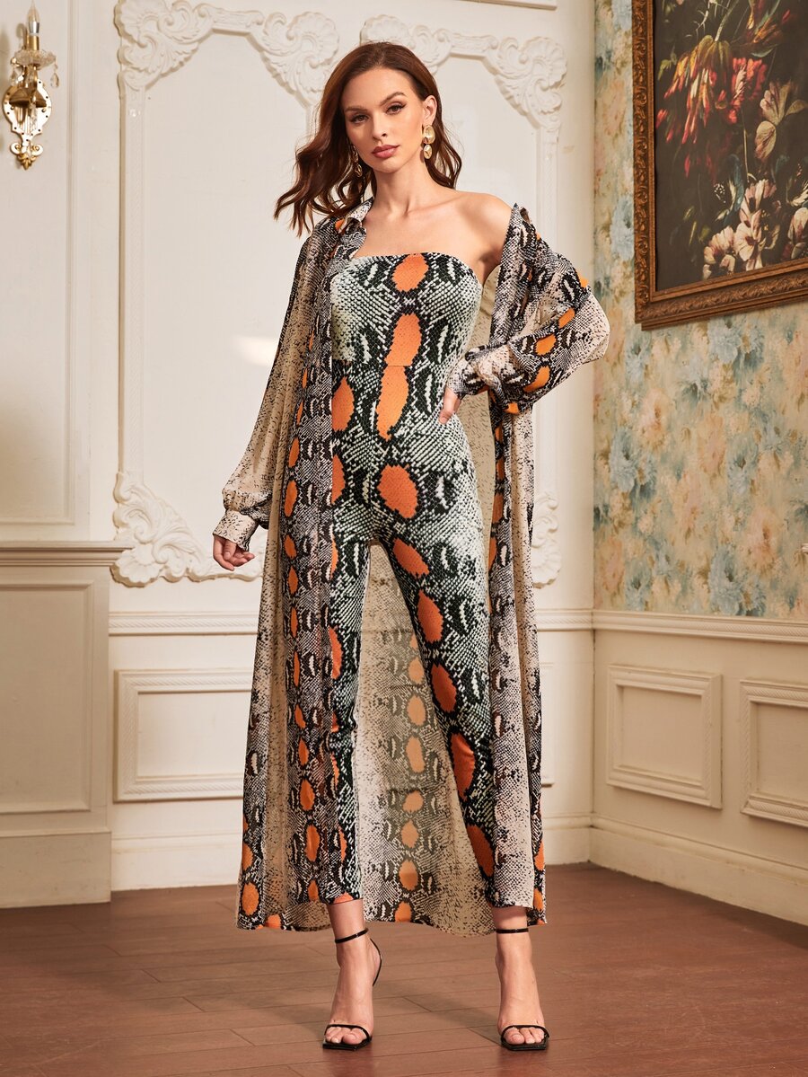 SHEIN 蛇紋外套和抹胸連體褲 - 彩色 - 查看 1