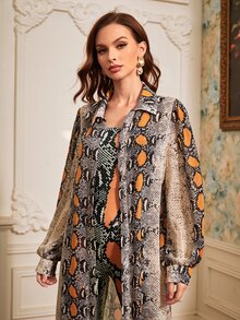 SHEIN 蛇紋外套和抹胸連體褲 - 彩色 - 查看 3