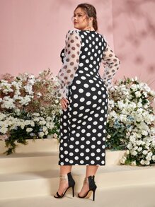 Modelyn Đầm Plus Size Tương phản Mesh Xù cắt Chấm bi Thanh lịch - Đen và trắng - Xem 2