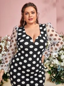 Modelyn Đầm Plus Size Tương phản Mesh Xù cắt Chấm bi Thanh lịch - Đen và trắng - Xem 3