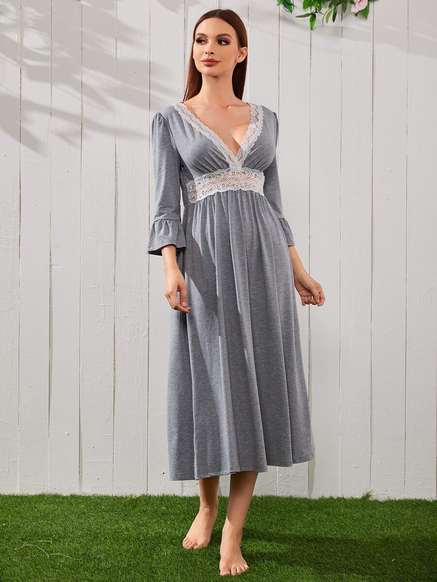 SHEIN Lace Panel Flounce Sleeve Night Dress - Grey - View 1