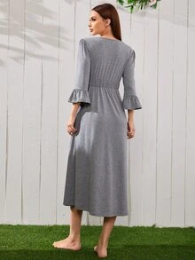 SHEIN Lace Panel Flounce Sleeve Night Dress - Grey - View 2