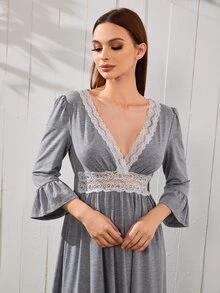 SHEIN Lace Panel Flounce Sleeve Night Dress - Grey - View 3