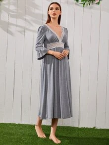 SHEIN Lace Panel Flounce Sleeve Night Dress - Grey - View 4