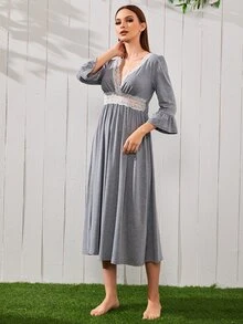 SHEIN Lace Panel Flounce Sleeve Night Dress - Grey - View 5