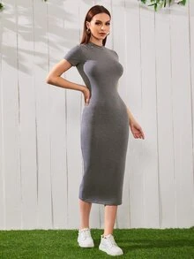 Mulvari Đầm màu trơn Giải trí - Xám - Xem 3