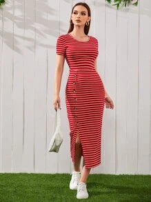 Mulvari Đầm Gân đan Tách cao Nút phía trước Sọc Giải trí - Đỏ - Xem 1