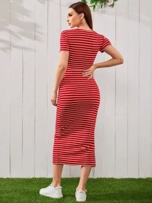 Mulvari Đầm Gân đan Tách cao Nút phía trước Sọc Giải trí - Đỏ - Xem 2