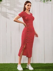 Mulvari Đầm Gân đan Tách cao Nút phía trước Sọc Giải trí - Đỏ - Xem 3