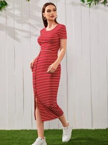 Mulvari Đầm Gân đan Tách cao Nút phía trước Sọc Giải trí - Đỏ - Xem 4