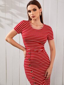 Mulvari Đầm Gân đan Tách cao Nút phía trước Sọc Giải trí - Đỏ - Xem 5