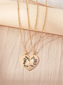 2pcs Half Heart Pendant Necklace - Yellow Gold - View 1