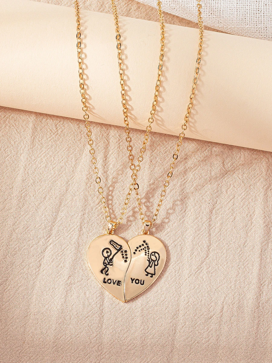 2pcs Half Heart Pendant Necklace - Yellow Gold - View 1