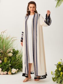 Al Najma Open Front Graphic Pattern Fringe Detail Modest Long Sleeve Arabian Abaya Robe Without Top - Apricot - View 2
