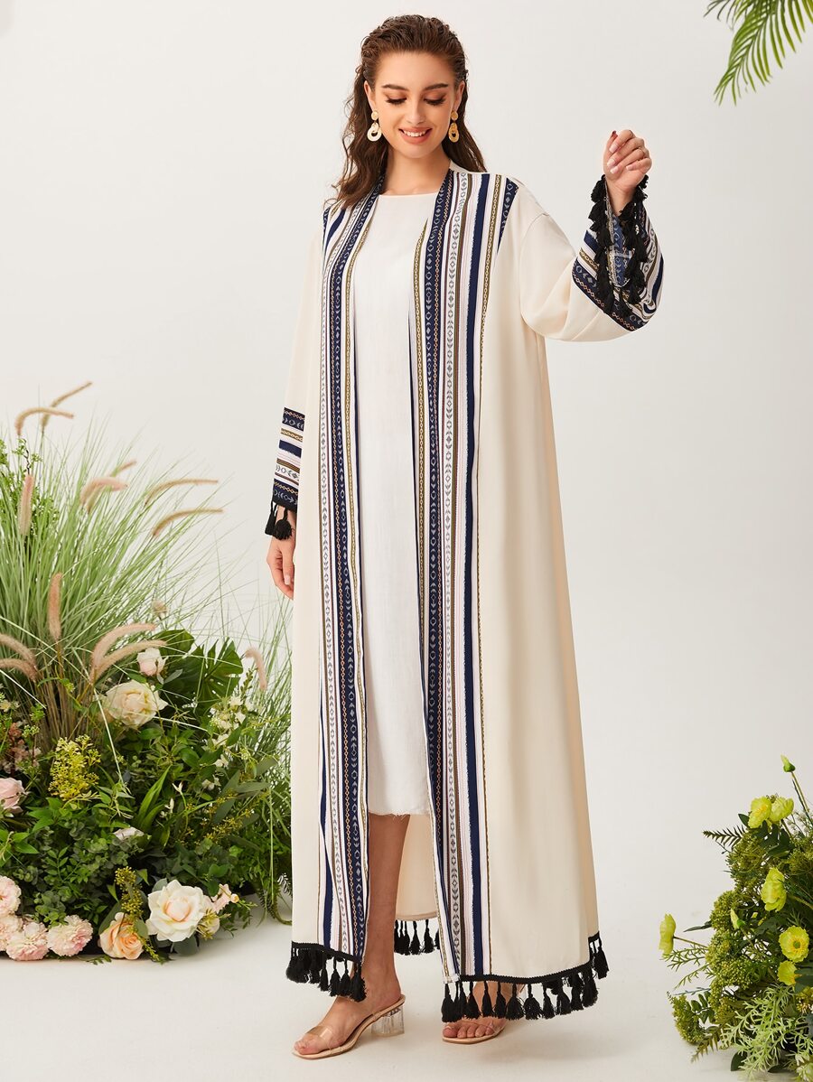 Al Najma Open Front Graphic Pattern Fringe Detail Modest Long Sleeve Arabian Abaya Robe Without Top