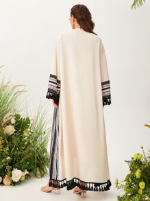Al Najma Open Front Graphic Pattern Fringe Detail Modest Long Sleeve Arabian Abaya Robe Without Top - Apricot - View 3