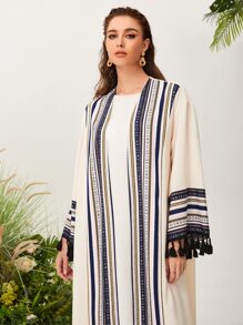 Al Najma Open Front Graphic Pattern Fringe Detail Modest Long Sleeve Arabian Abaya Robe Without Top - Apricot - View 4