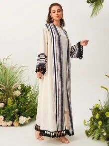 Al Najma Open Front Graphic Pattern Fringe Detail Modest Long Sleeve Arabian Abaya Robe Without Top - Apricot - View 5