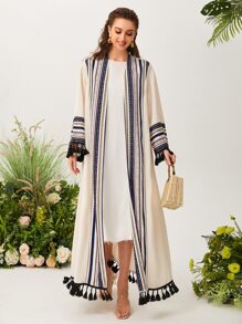 Al Najma Open Front Graphic Pattern Fringe Detail Modest Long Sleeve Arabian Abaya Robe Without Top - Apricot - View 6