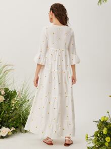 Mulvari 荷葉袖花卉刺繡娃娃裙 - 白色 - 查看 2