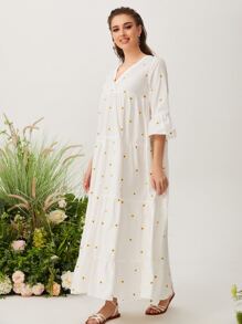 Mulvari 荷葉袖花卉刺繡娃娃裙 - 白色 - 查看 5