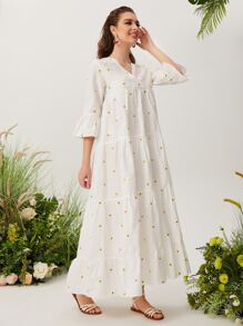 Mulvari 荷葉袖花卉刺繡娃娃裙 - 白色 - 查看 1